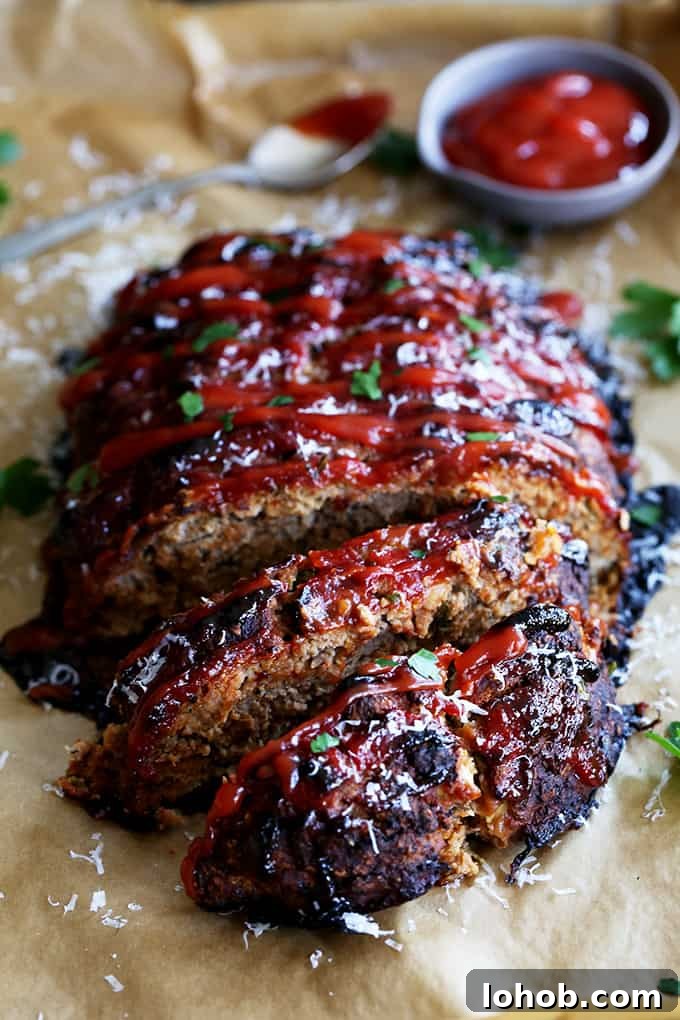 This turkey meatloaf takes just 10 minutes to prepare; seasoned with Parmesan cheese, oregano, basil and garlic. A Turkey Meatloaf being sliced on a parchment lined baking sheet with a spoon and bowl of ketchup.