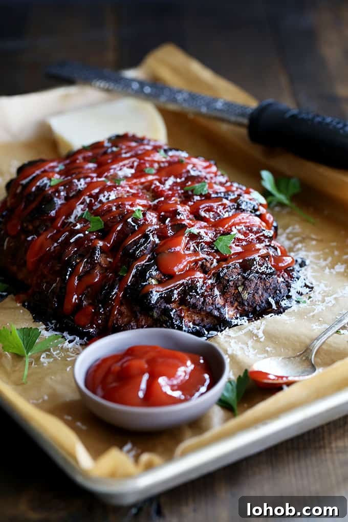 This turkey meatloaf takes just 10 minutes to prepare; seasoned with Parmesan cheese, oregano, basil and garlic. A Turkey Meatloaf on a baking sheet with a small bowl of ketchup, spoon, microwplane and wedge of Parmesan cheese.