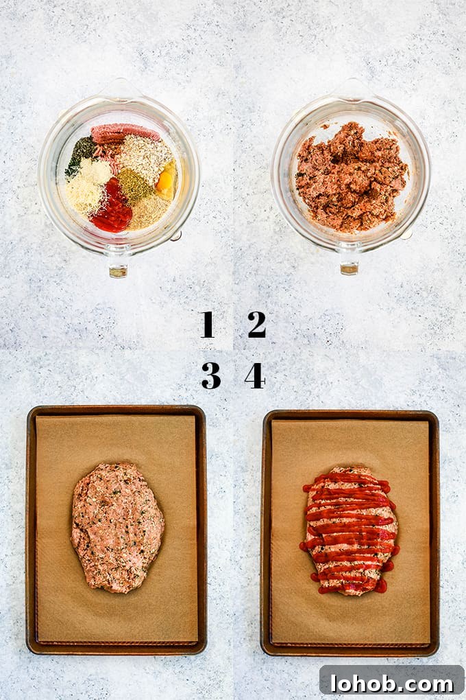 This turkey meatloaf takes just 10 minutes to prepare; seasoned with Parmesan cheese, oregano, basil and garlic. How to Make Turkey Meatloaf, steps 1-4.