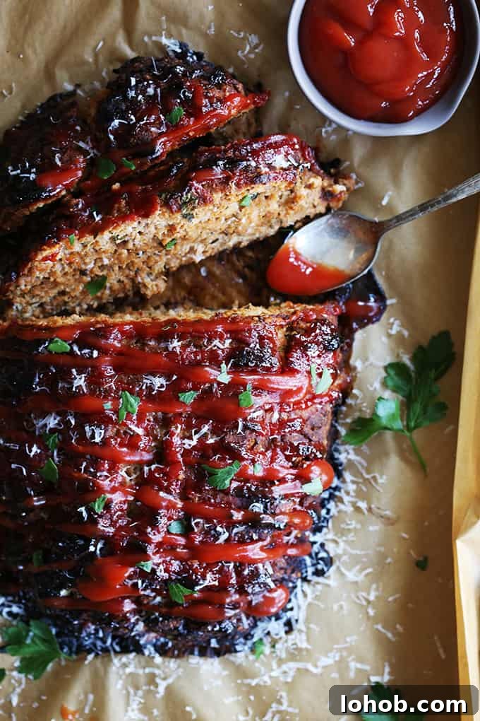 This turkey meatloaf takes just 10 minutes to prepare; seasoned with Parmesan cheese, oregano, basil and garlic. A Turkey Meatloaf being sliced.