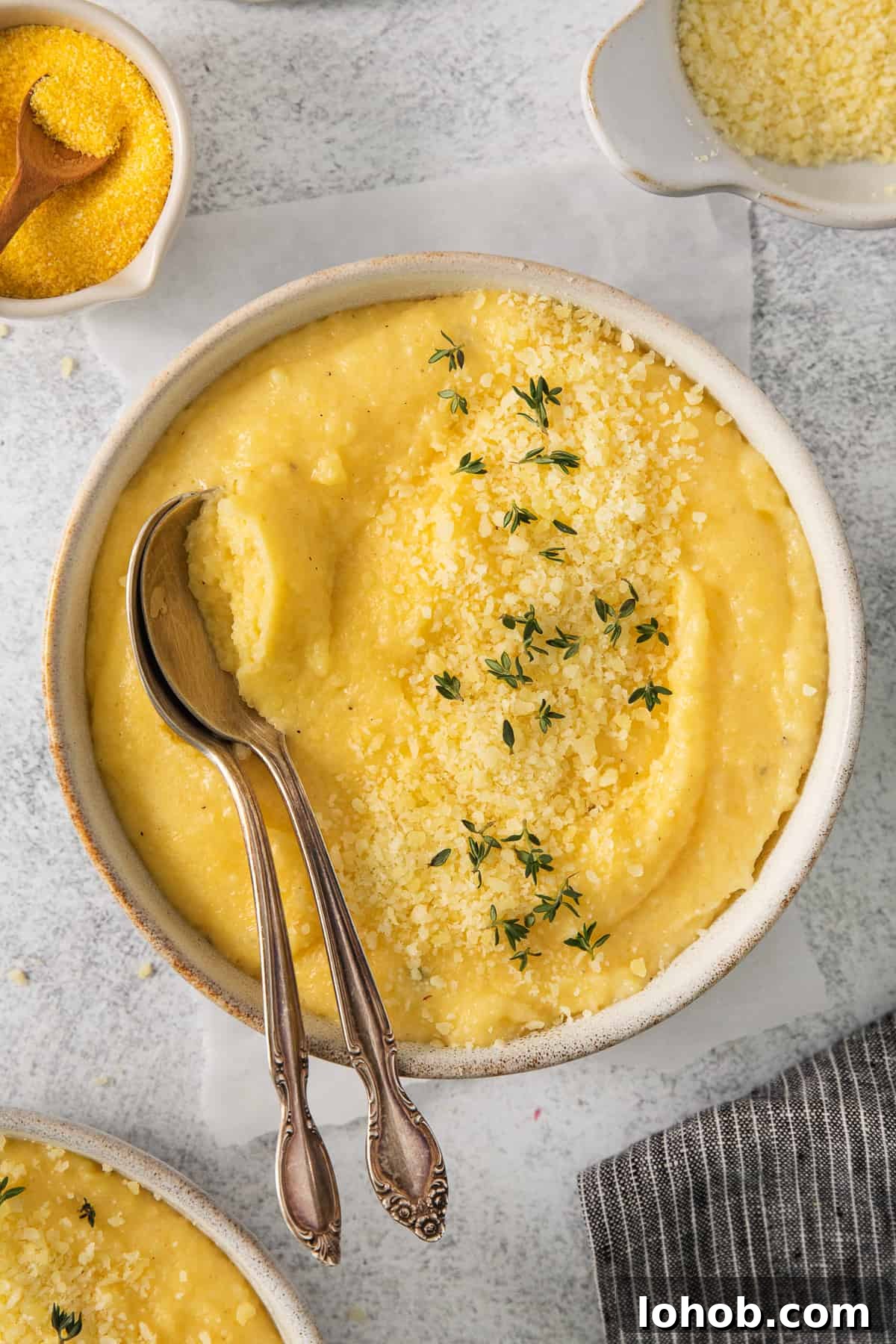 Creamy Cheesy Polenta Recipe with Parmesan 2 a bowl of mashed potatoes with a spoon in it.