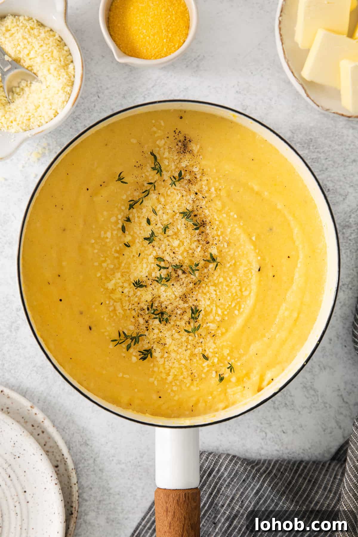 Creamy Cheesy Polenta Recipe with Parmesan 7 a bowl of soup with cheese and other ingredients.