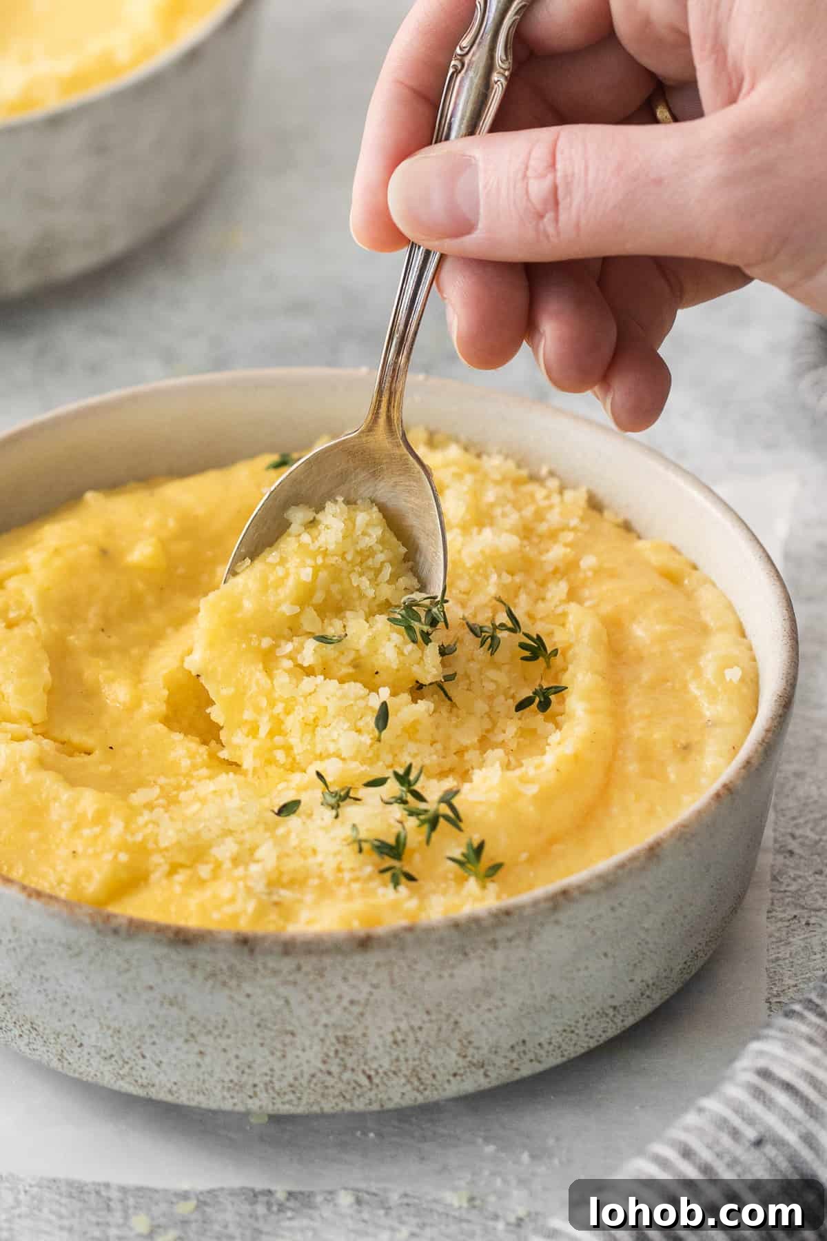 Creamy Cheesy Polenta Recipe with Parmesan 9 a bowl of mashed potatoes with a spoon in it.