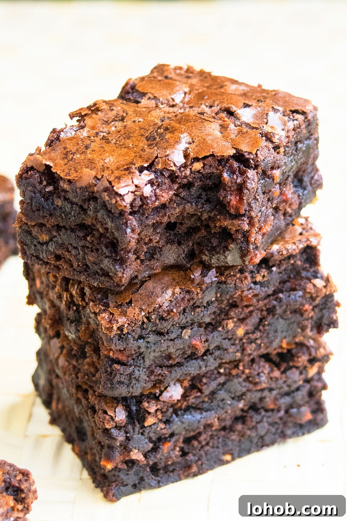Fudgy Carrot Brownies from a Box Mix 10 Stack of Brownies With Top One Partially Eaten.