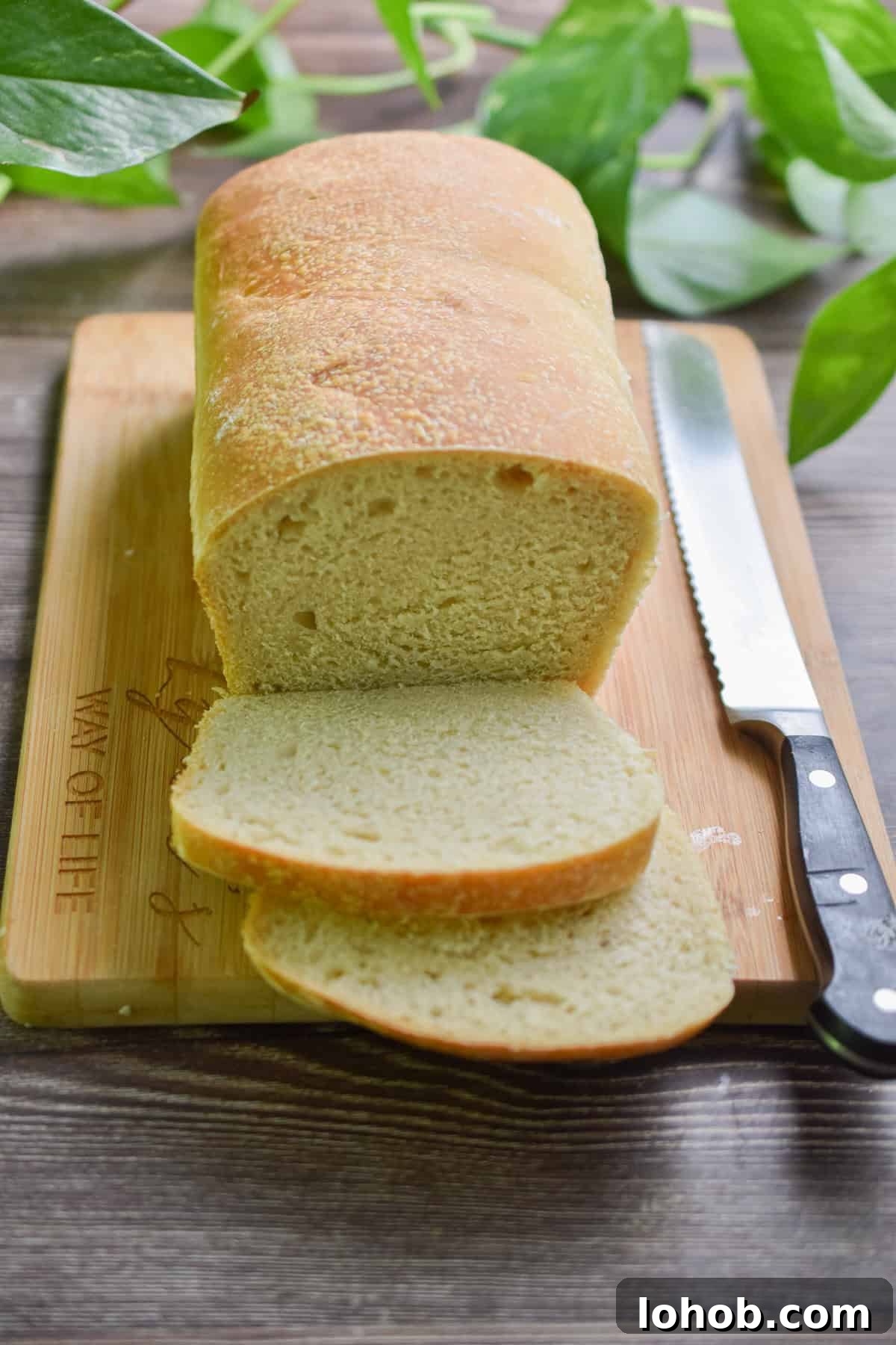 Sourdough Hydration: Mastering Dough Water Ratios 4 Three slices of sourdough sandwich bread are sliced on the cutting board with a serrated knife next to it.