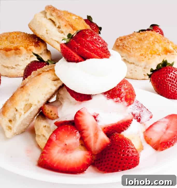 Classic Strawberry Shortcake with Fresh Whipped Cream 2 Strawberry Shortcake presented on plate topped with whipped cream and strawberries