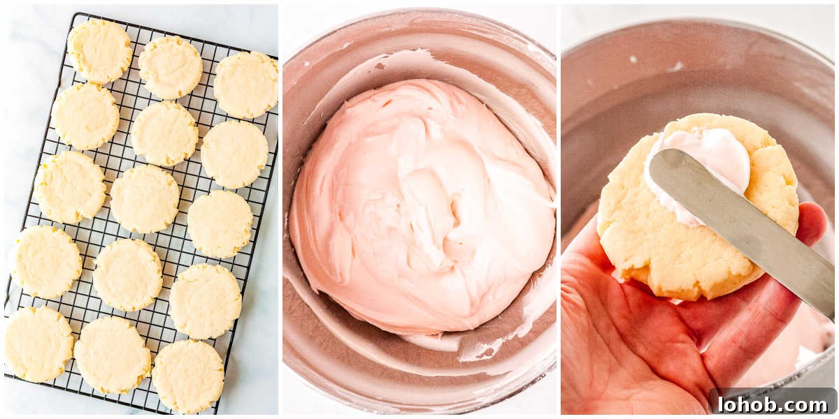 The cookies cooling on a baking sheet, the frosting mixed together, and then spread over the cooled cookies.