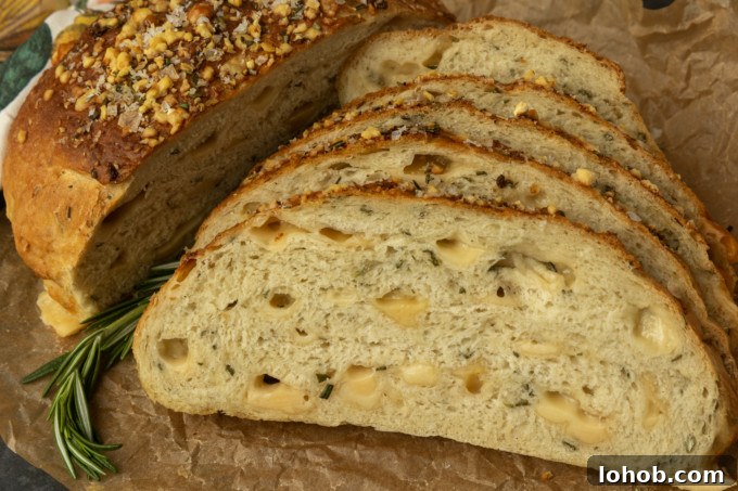 Rosemary Parmesan Loaf with Crispy Herb Crust 2 partially sliced one hour rosemary parmesan bread on parchment paper