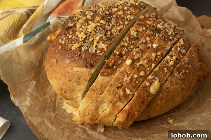 Rosemary Parmesan Loaf with Crispy Herb Crust 3 partially sliced one hour rosemary parmesan bread on parchment paper