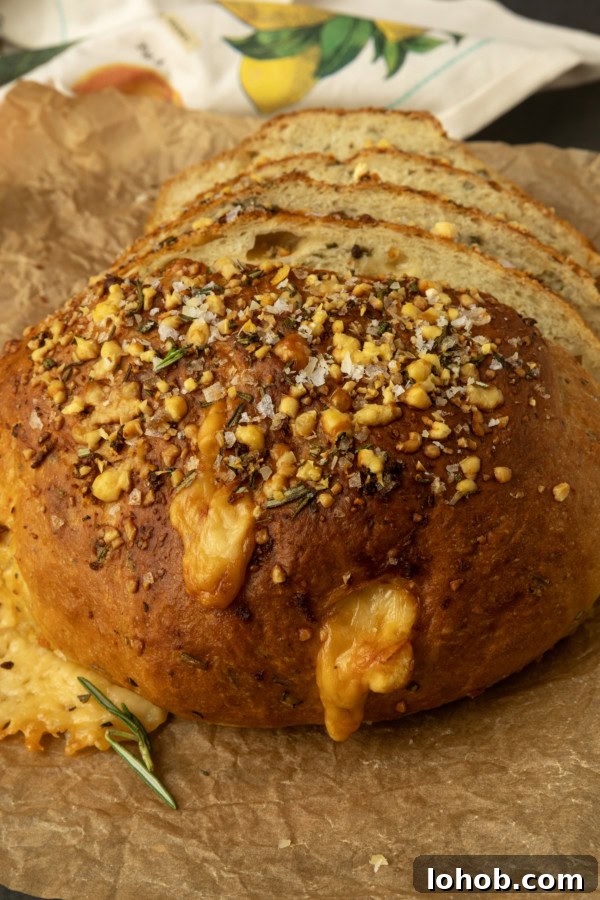 Rosemary Parmesan Loaf with Crispy Herb Crust 7 partially sliced rosemary Parmesan bread on parchment with a tea towel