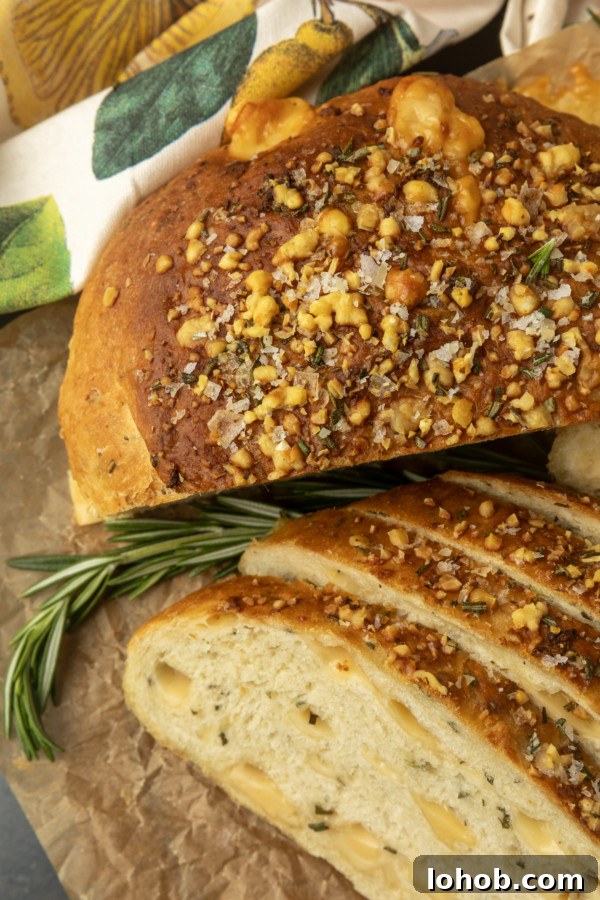 Rosemary Parmesan Loaf with Crispy Herb Crust 8 partially sliced one hour rosemary parmesan bread on parchment paper