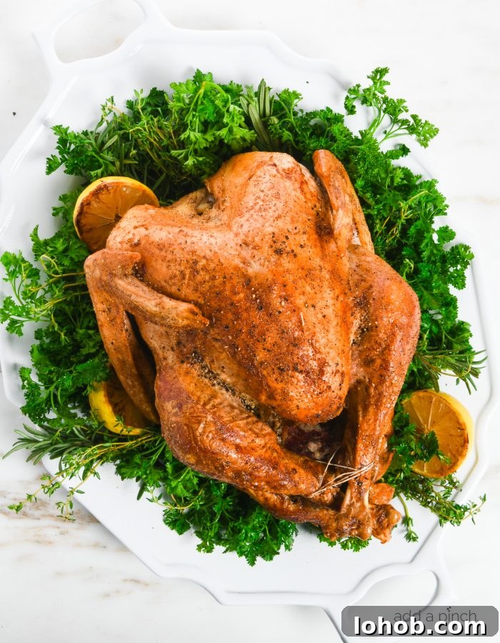 Week 150 Meal Plan with Complete Shopping List 7 Overhead photo of a roasted turkey on a large white platter garnished with fresh herbs, lemon, salt and pepper. // addapinch.com