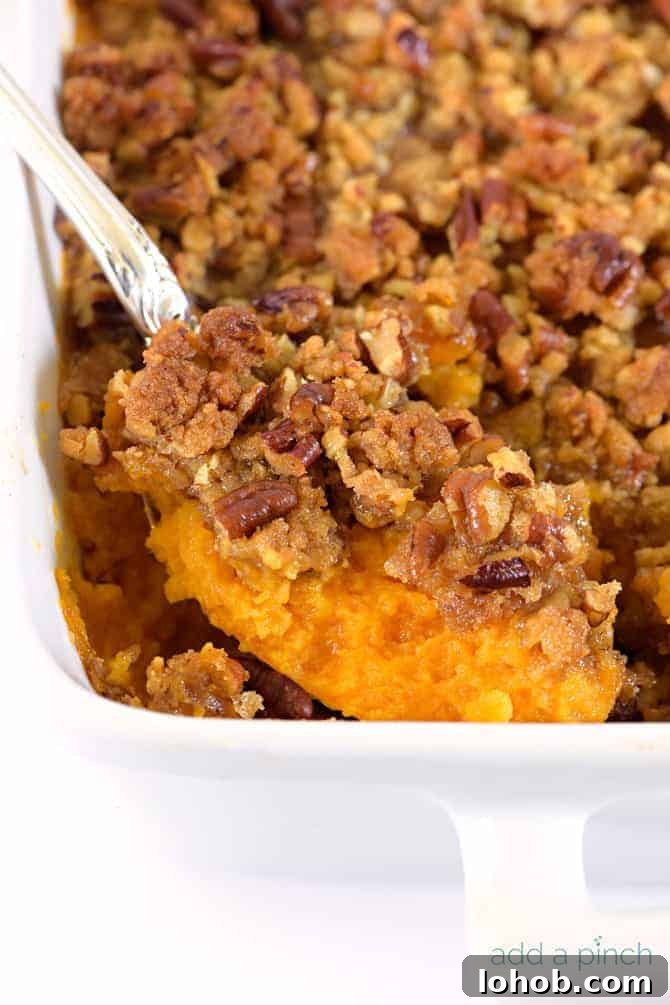 Week 150 Meal Plan with Complete Shopping List 8 Sweet Potato Casserole is a southern classic. With a rich, buttery taste and crunchy topping, sweet potato casserole makes a perfect side dish or a dessert. // addapinch.com