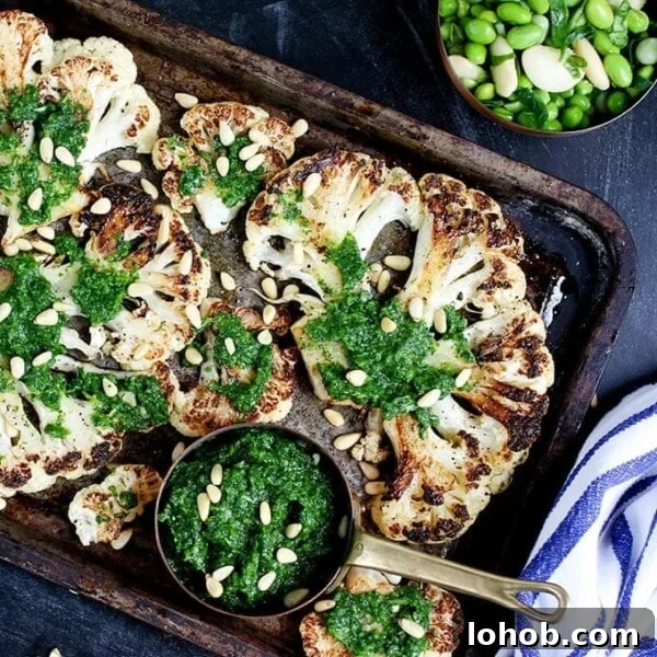 Smoky Roasted Cauliflower Salad with Garlic Lemon Dressing 7 Cauliflower steak with spicy salsa verde. Cauliflower fried until golden, then poached in stock - a great meatless Monday meal!