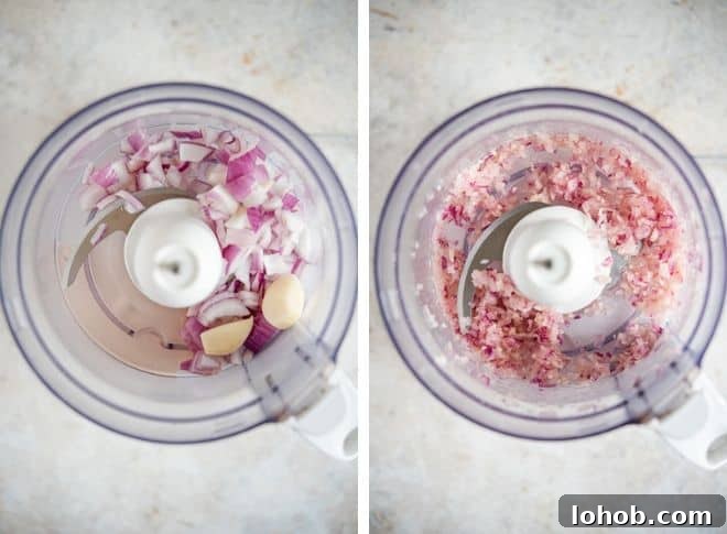 Step by step photos of minced onion and garlic in a food processor to make cilantro chimichurri sauce