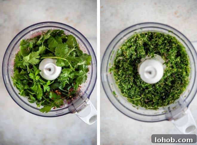 Step by step photos for making cilantro chimichurri in a food processor